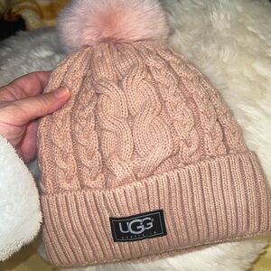 UGG Pink Cable Knit Beanie with Pom
